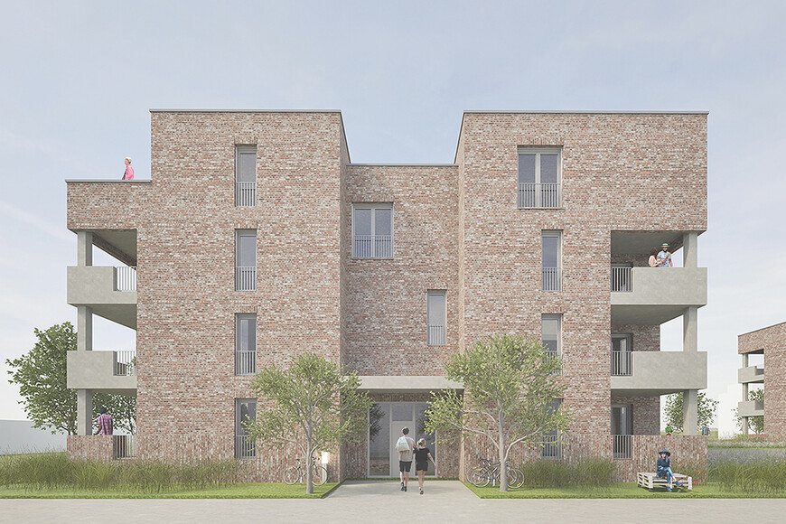 Ansicht eines kubistischen Mehrfamilienhauses mit Klinkerfassade und Balkonen an den Ecken.