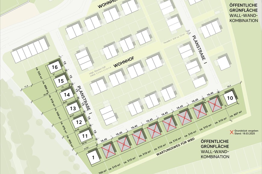 Ein hellgrüner Bebauungsplan mit eingezeichneten Grundstücken, die nun verkauft werden. Verkaufte Grundstücke sind mit einem X markiert.